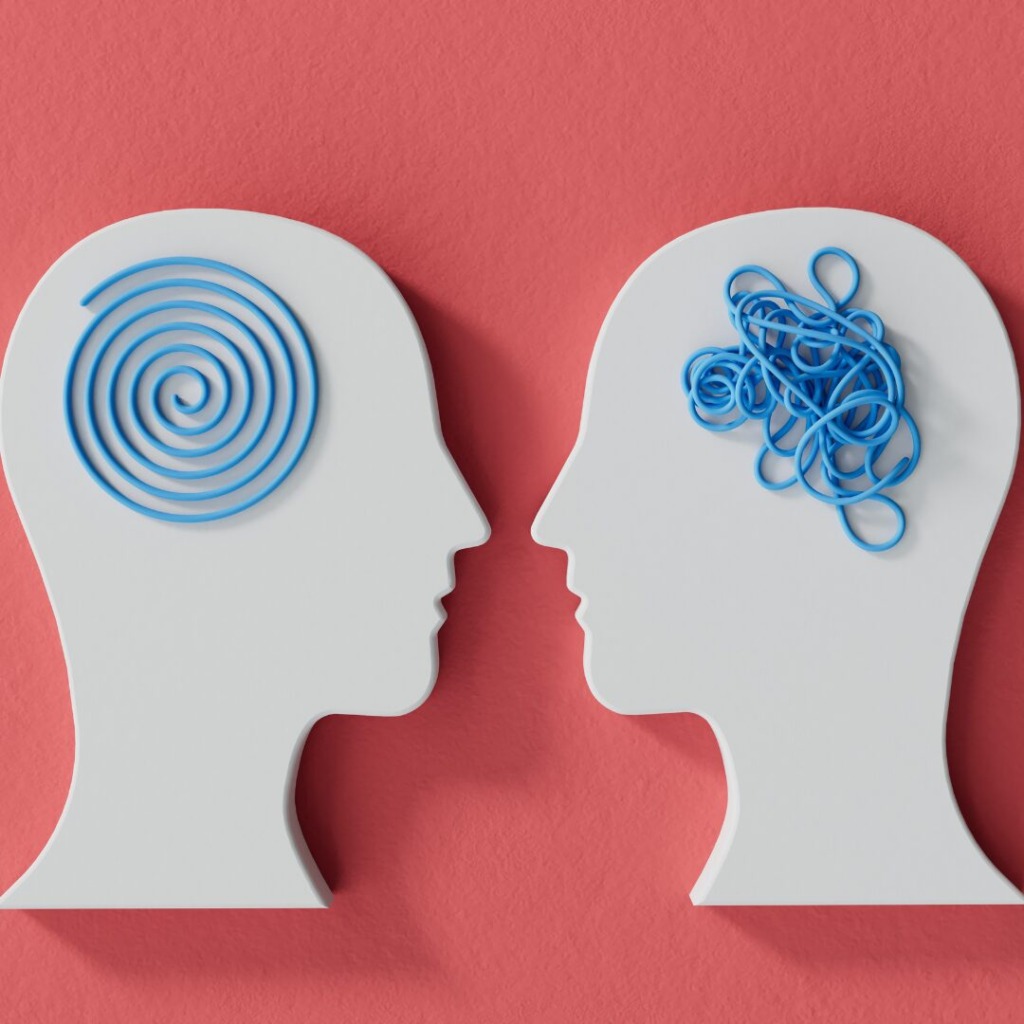 Split screen of heads, one experiencing myofascial pain, the other, calm. 