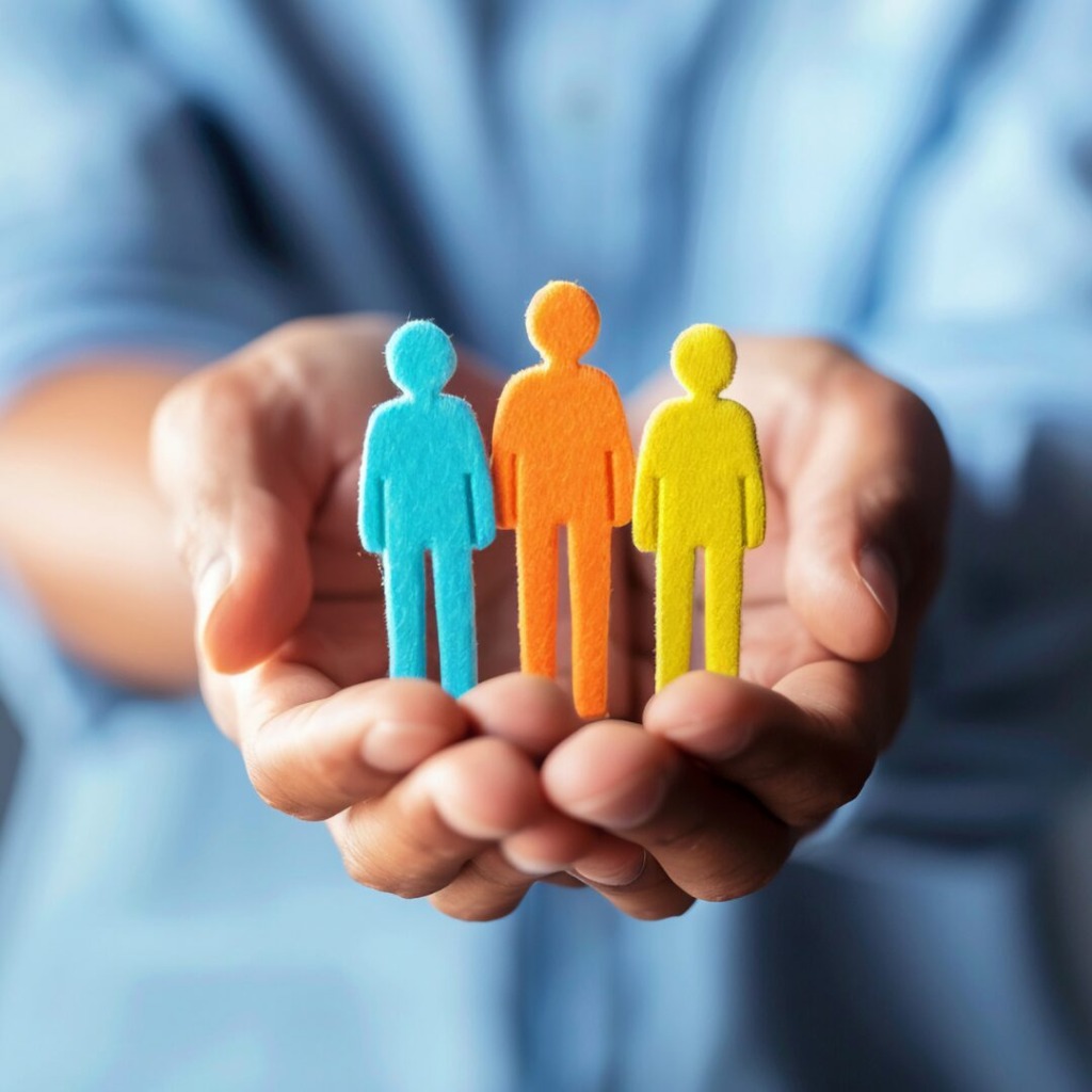 Hands holding three abstract people one blue, one orange, and one yellow symbolizing why psychiatry matters in Myofascial pain care.