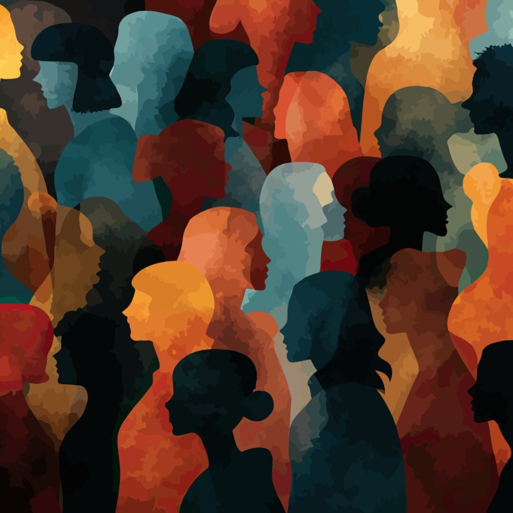 Graphic of a bunch of women facing all directions to represent Women's History Month in March.