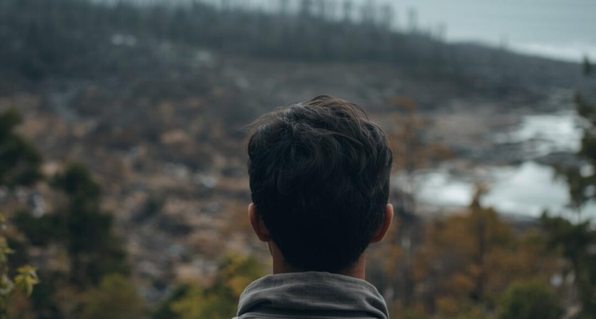 Person experiencing eco anxiety as they overlook a forest that is suffering through environmental loss.