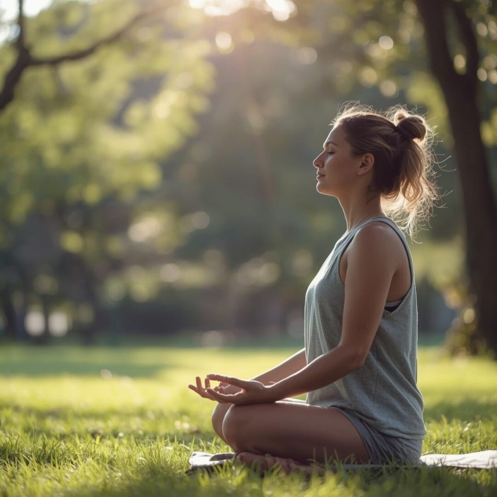 Person meditating or breathing outdoors (symbolizing stress relief) for Stress Awareness Month.
