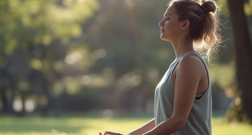Person meditating or breathing outdoors (symbolizing stress relief) for Stress Awareness Month.