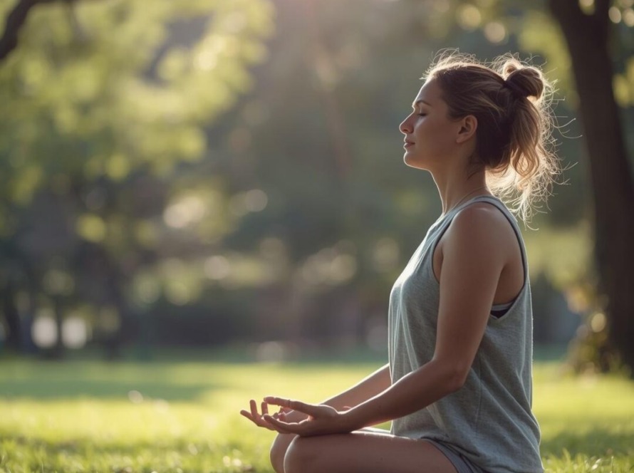 Person meditating or breathing outdoors (symbolizing stress relief) for Stress Awareness Month.
